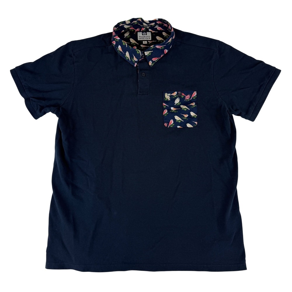 Weekend Offender Polo Shirt Mens Large Navy Blue Bird Print Collar Pocket Cotton